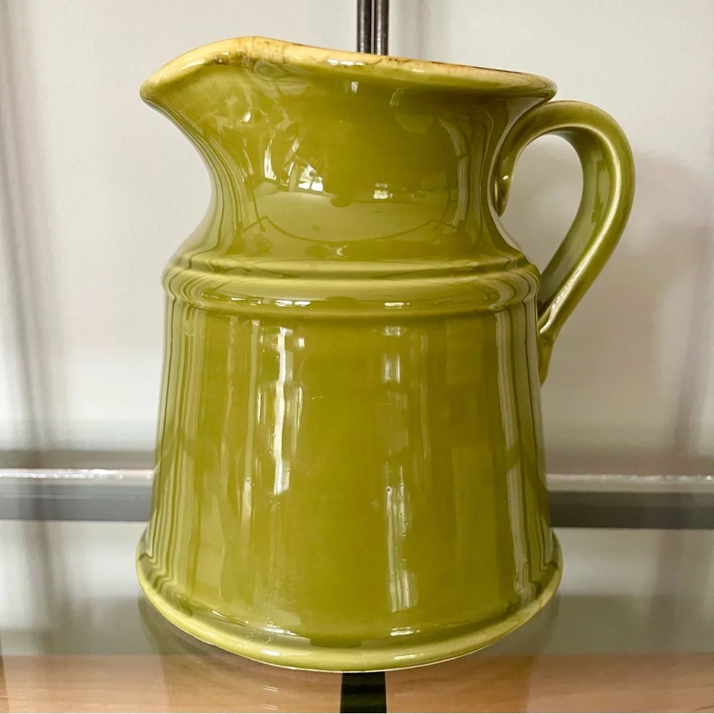 Sur La Table•5” Serving Pitcher•Hand-Painted•Olive Green~Butter Yellow Interior